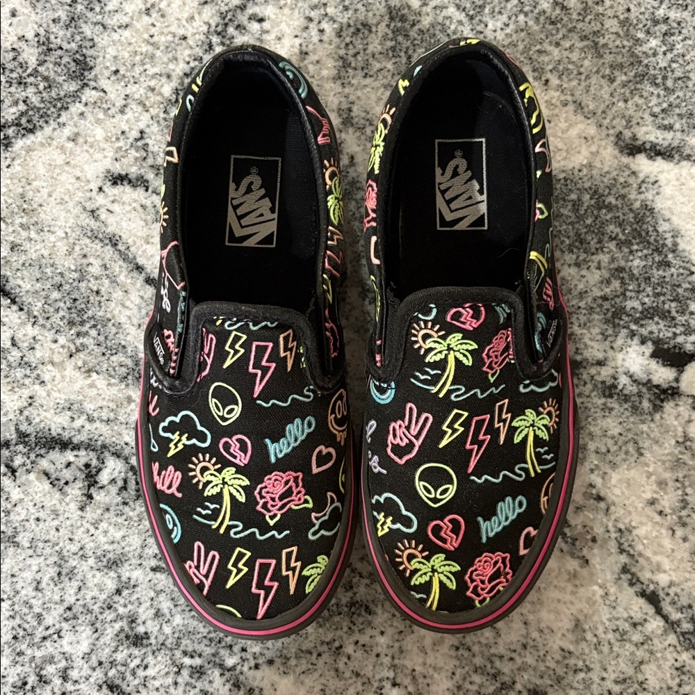 Vans Black Slip-Ons with Neon Graphics